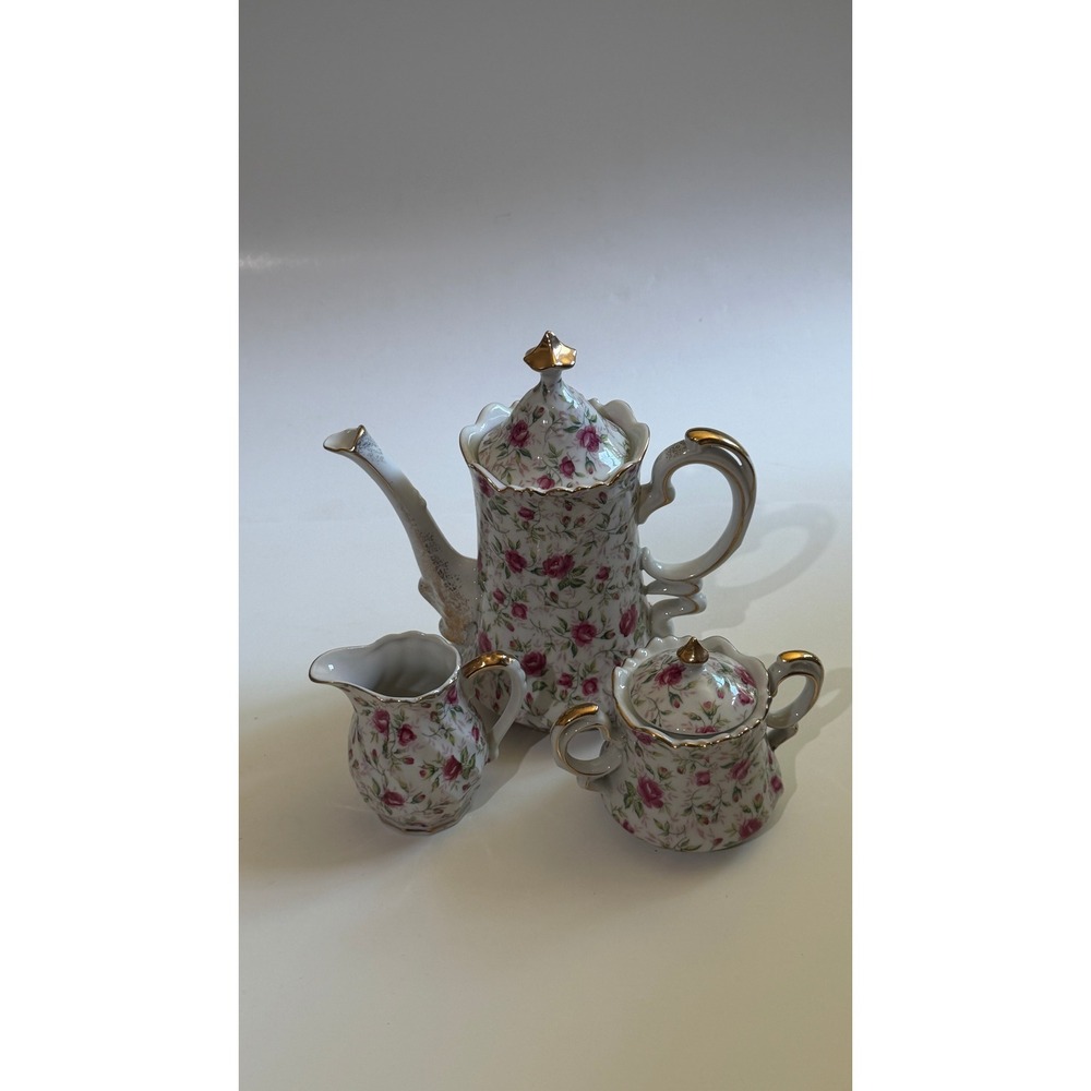 Vintage Lefton China Pink Rose Chintz Teapot Sugar Creamer Set NE661R Japan